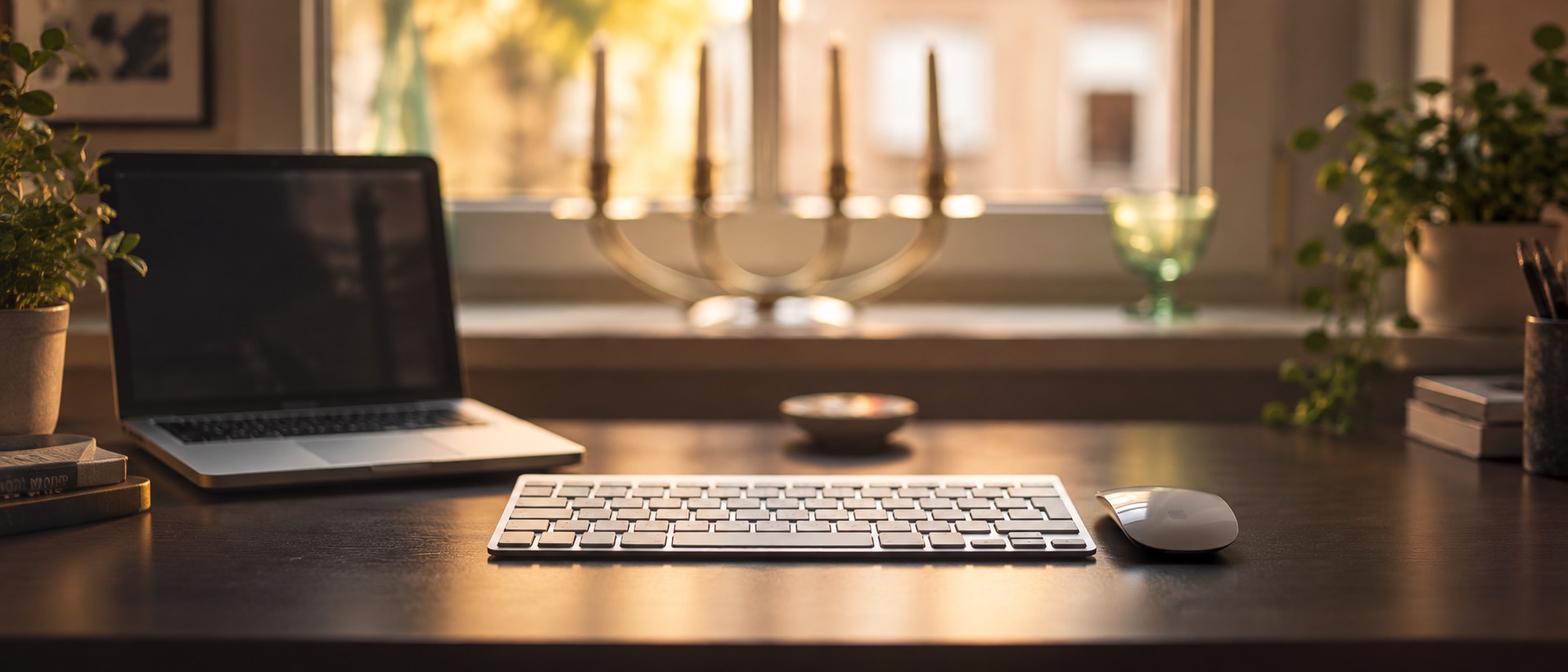 Laptop, keyboard, and mouse on a sunlit workspace desk